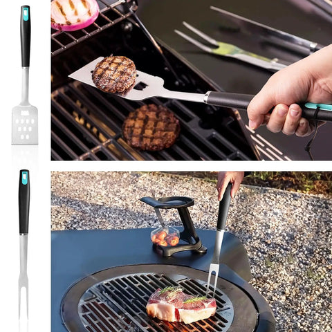 Outdoor grilling with the Backyard BBQ Essential 5 Piece Grill Tools Set With Heavy Duty Wire Brush Spatula Fork Tongs And Basting Brush.