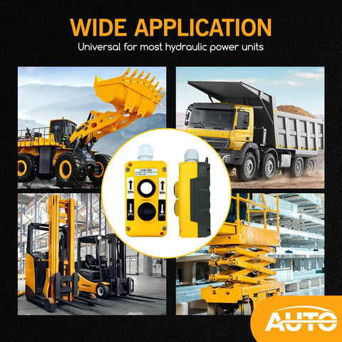 Wide application montage with cranes and trucks featuring Waterproof Industrial 2 Button Electric Hoist Crane Pushbutton Switches.