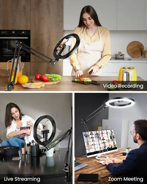 Ultra Flexible Overhead Ring Light With Desk Mount And Hands Free Phone Holder 10 Inch Selfie Light On A Stand Tripod For iPhone in use