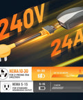 Slick Plug And Play Nema 10-30 Adapter For Tesla Gen 2 Mobile Charger, 24 Amp 240V Juice, cord with yellow plug and specs.