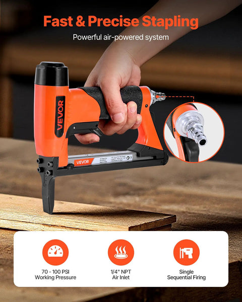 Pro Grade 20 Gauge Pneumatic Staple Gun Featuring A Slick Long Nose built for fine wire staples, air-powered for precise stapling.