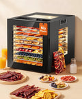 Heavy Duty Electric Food Dehydrator Featuring Ten Stainless Steel Trays And Ten Smart Presets, showcasing jerky and fruit snacks.