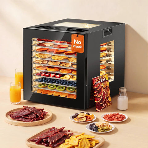 Heavy Duty Electric Food Dehydrator Featuring Ten Stainless Steel Trays And Ten Smart Presets, showcasing jerky and fruit snacks.