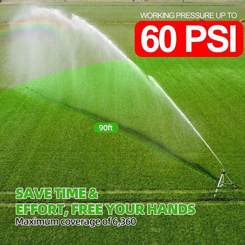 Tripod Base Brass Impact Sprinkler With Pulsating 360 Degree Coverage watering large lawn, 90 ft reach, heavy duty, 6,360 sq ft