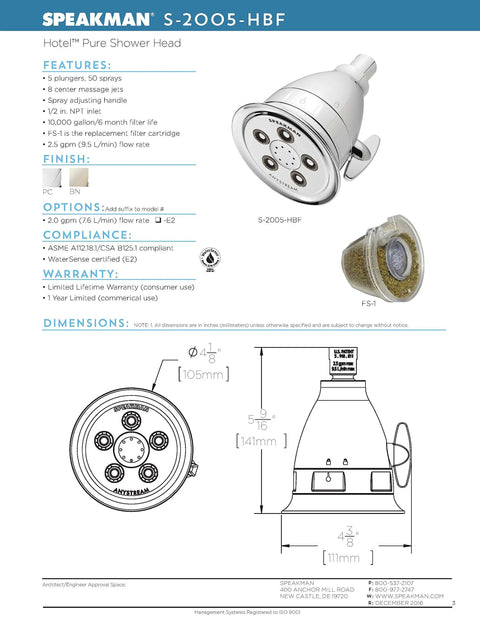 Hotel Luxury Filtered Shower Head With Massage Setting, 2.5 GPM, Polished Chrome Finish and dimensions diagram