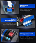 Grab And Go 12V Diesel Transfer Pump Kit With Nozzle And Hoses showing convenient handle, secure mounting base, and waterproof switch.