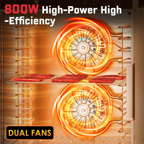 Boss Level 12-Tray Stainless Steel Food Dehydrator With Dishwasher Safe Trays And 800W Digital Panel showing dual fans and beef jerky.