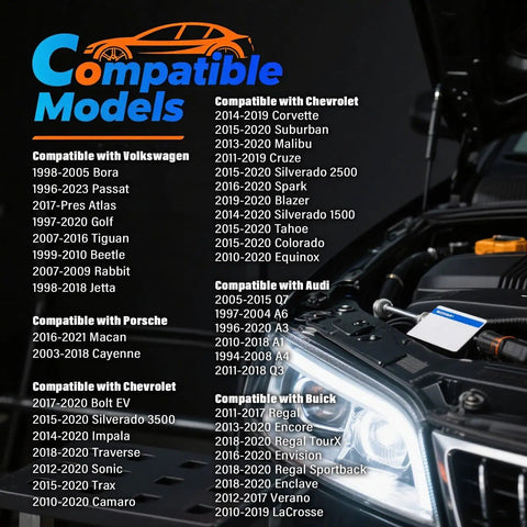 Image showing compatibility list for Must Have Windshield Washer Fluid Cap Replacement For VW Bora Passat Golf Porsche Macan Cayenne And Chevy Bolt EV For Your Ride Flexible Reservoir Cap With OEM 6V0955485A Style Seal Easy Install Leak Proof.