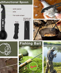 Multifunctional spoon and fishing gear from 19 Piece Survival Kit For Outdoors Lovers Dope Fishing And Hunting Gadgets Included Essential Hiking Camping Gear Emergency Prep Tools Ideal Gift For Men Dads Husbands Teens Perfect Christmas Or Birthday Present.