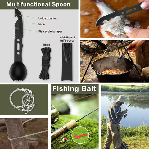 Multifunctional spoon and fishing gear from 19 Piece Survival Kit For Outdoors Lovers Dope Fishing And Hunting Gadgets Included Essential Hiking Camping Gear Emergency Prep Tools Ideal Gift For Men Dads Husbands Teens Perfect Christmas Or Birthday Present.