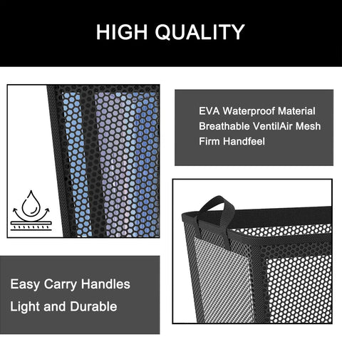 Close-up of Ultra Large 58.4L Collapsible Laundry Basket With Waterproof PEVA Liner, showing mesh material and sturdy handles.