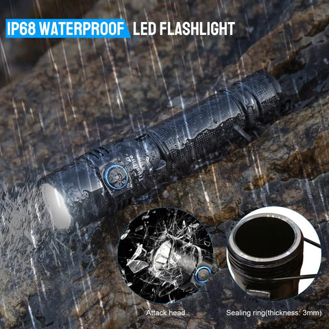 Ultra Bright 1800 Lumen LED Tactical Flashlight Beast Bright Beam Rechargeable Waterproof Dual Switch IP68 in rain