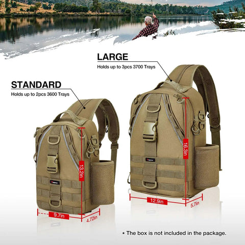 Water Resistant Fishing Backpack With Rod Holder And Padded Straps Lightweight Sling Bag For Gear And Equipment Khaki Durable 1000D Nylon