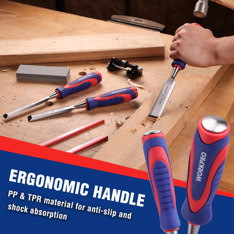 True Workhorse 10 Piece Bevel Edge Wood Chisel Set For Fine Cabinetry And Precision Carving featuring ergonomic handles and steel blades.