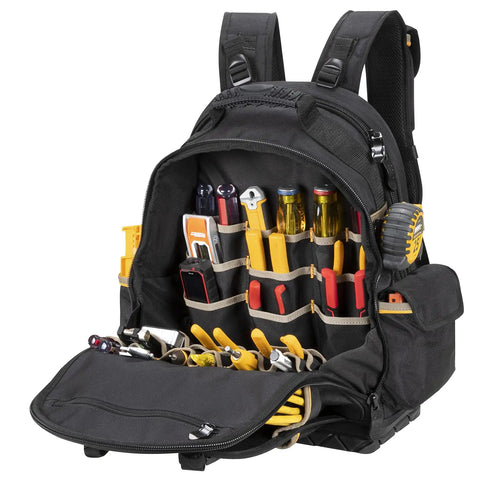 38 Pocket Molded Base Tool Backpack With Upright Stand Heavy Duty 1680D Ballistic Polyester Durable Pro Grade Tool Carrier For Tradesmen Black And Blue