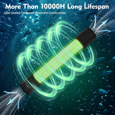Underwater Green Fishing Light IP68 1300 Lumen Compatible With DC 12 To 24V And AC 12 To 36V glowing underwater.