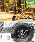 Heavy Duty Garden Shovel With D-Handle, 31-Inch Steel Spade in camping and off-road settings, shown beside chair and vehicle tire