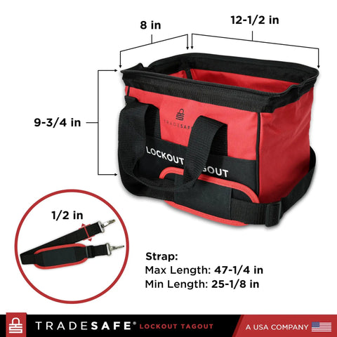 Heavy Duty Lockout Tagout Bag, Large LOTO Tool Organizer, 12.5x8x9.75 inches red canvas safety pouch with carry strap.