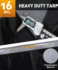 Heavy Duty Waterproof Camping Tarp 10x20 Ft Thick 16 Mil With 15x17 Weave, caliper measuring thickness, grommets 19.5 in apart
