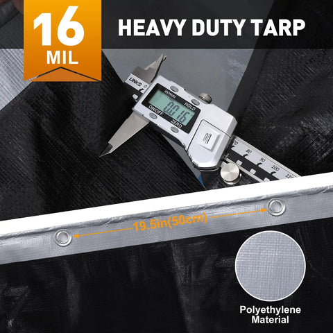 Heavy Duty Waterproof Camping Tarp 10x20 Ft Thick 16 Mil With 15x17 Weave, caliper measuring thickness, grommets 19.5 in apart