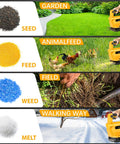Battery Powered Seed Spreader For Dewalt 20V/60V Li Ion Batteries Handheld Grass Seed Rock Salt And Deicer Spreader For Outdoor Use Compatible With Dewalt Tools Battery Not Included shown in garden and field use.
