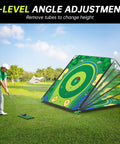 Golfer using Massive 6x6 Foot Golf Chipping Game Set With Adjustable Practice Clubs, mat, and target outdoors.