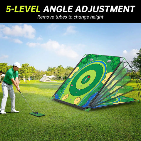 Golfer using Massive 6x6 Foot Golf Chipping Game Set With Adjustable Practice Clubs, mat, and target outdoors.