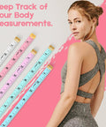Compact 60-Inch Double-Sided Tape Measure Set with woman in workout attire and colorful tapes for body measurements.