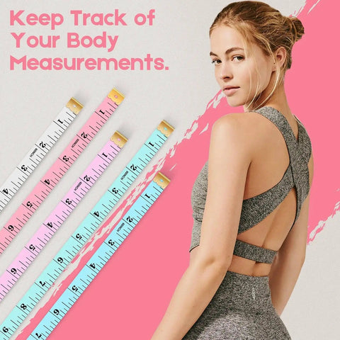 Compact 60-Inch Double-Sided Tape Measure Set with woman in workout attire and colorful tapes for body measurements.