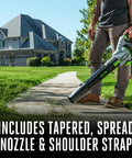 Man using Cordless Leaf Blower With Turbo Mode, This Beast Delivers Up To 765 CFM And 200 MPH Air, Clears Wet Leaves, on sidewalk