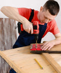 Man using Pro Grade 30 Degree 45 Degree 90 Degree Angle Drill Guide Jig for Hand Drills to drill angled holes in wood