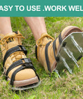 Metal Lawn Aerator Shoes With Spiked Soles And Durable Base, Adjustable Straps, One Size Fits All on grass showing easy use