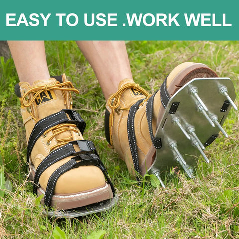 Metal Lawn Aerator Shoes With Spiked Soles And Durable Base, Adjustable Straps, One Size Fits All on grass showing easy use