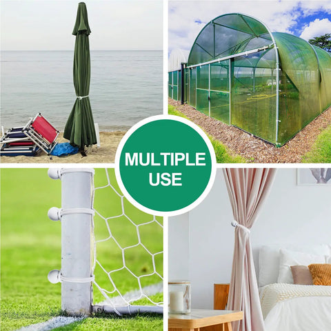 Heavy Duty Ball Bungee Cords 50 Pack, Workhorse 6 Inch White Ball Tarp Tie Down For Shelter Camping Cargo Tent Poles RVs And Outdoor Gear UV Resistant Durable 1 Inch Ball Size, Easy Tie Down And Secure shown in various uses including beach umbrella, greenhouse, netting, and curtain tie.