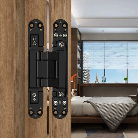Two Pack 7 Inch Hidden Door Hinges in Black Finish, mounted on a wooden door, modern contemporary style, bedroom background