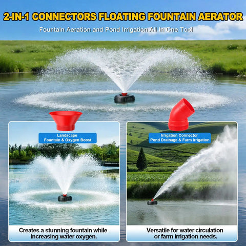 Floating Pond Fountain Aerator 1HP 15000 GPH with Timer creating stunning water displays with versatile connectors in a pond.