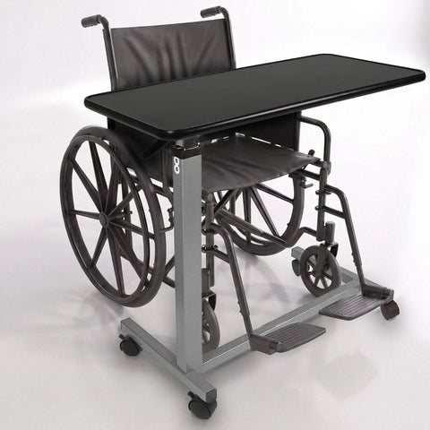 Heavy Duty Adjustable Overbed Table With Ball Bearing Casters, Versatile Rolling Bedside Desk For Hospital Couch Or Wheelchair, No Hassle Portable Laptop Stand For Home next to a wheelchair.