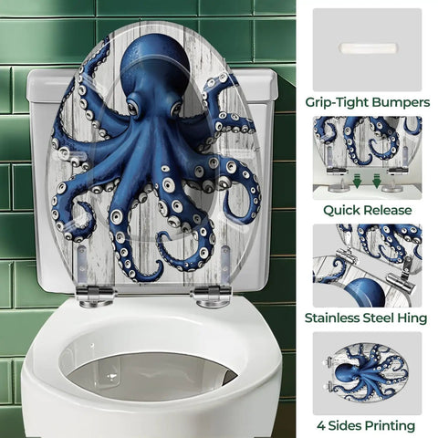 Elongated Resin Octopus Toilet Seat for Bathroom with blue octopus design, suitable for standard toilets.