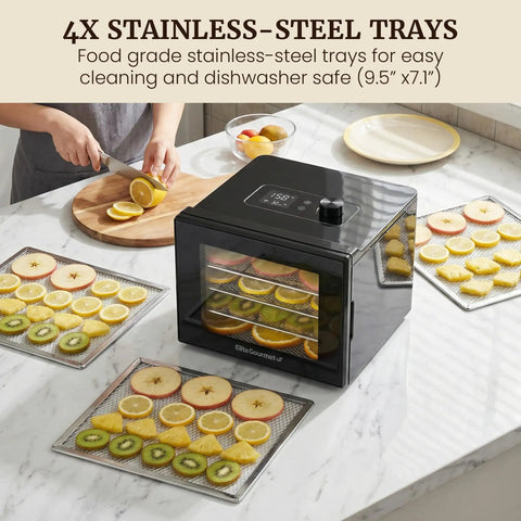Top Tier Kitchen Workhorse Food Dehydrator With Heavy Duty Stainless Steel Trays And Hella Smooth Temp Controls For Crafting Crunchy Homemade Snacks And Smoked Jerky That Always Hit Different Daily with 4 stainless-steel trays.