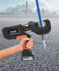 Heavy Duty Electric Hydraulic Crimping Pliers Rechargeable Cordless Cable Lug Crimper With 12 Piece Die Set For Copper And Aluminum Terminals Built Like A Tank With Zero Sweat in use.