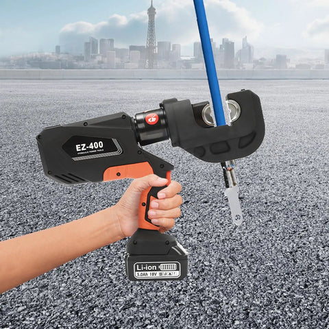 Heavy Duty Electric Hydraulic Crimping Pliers Rechargeable Cordless Cable Lug Crimper With 12 Piece Die Set For Copper And Aluminum Terminals Built Like A Tank With Zero Sweat in use.