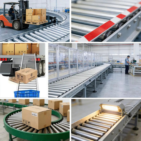 Heavy Duty Stainless Steel Conveyor System Replacement Roller 1 Inch Diameter By 11.8 Inch Length For Warehouse Factory And Machine Tool Table Equipment Super Strong Metal Rollers 5 Packs in use with forklift and packages.