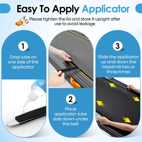 Instruction for using 120ml Pure Silicone Treadmill Belt Lubricant With 24 Inch Foldable Applicator for Quiet Smooth Walking Pad.