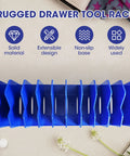 Top view of blue 2 Pack Pliers Organizer Rack With Nonslip Base, 10 Slot Drawer Plier Tray, shown in extendable form on beige surface.