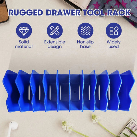 Top view of blue 2 Pack Pliers Organizer Rack With Nonslip Base, 10 Slot Drawer Plier Tray, shown in extendable form on beige surface.