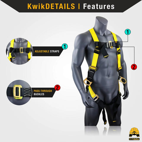 All In One Safety Lanyard Kit With Harness And Anchor For Fall Protection External Shock Absorber Water Resistant Pro Grade OSHA ANSI Rated Roofing And Construction Gear With Rebar Hook Connector adjustable straps and buckles on mannequin