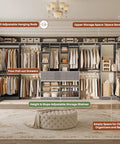 Kickass Heavy Duty U Shaped Walk In Closet Organizer With Four Massive Drawers Ten Reliable Hanging Rods And Six Flexible Shelves Built Like A Tank For Mad Storage Space Finished In Trendy Morandi Grey with adjustable rods and pull-out drawers.