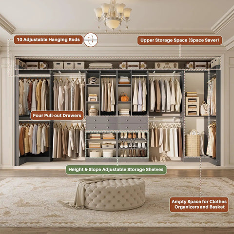 Kickass Heavy Duty U Shaped Walk In Closet Organizer With Four Massive Drawers Ten Reliable Hanging Rods And Six Flexible Shelves Built Like A Tank For Mad Storage Space Finished In Trendy Morandi Grey with adjustable rods and pull-out drawers.