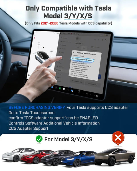 Image showing Tesla Model 3/Y/X/S dashboard with CCS adapter settings for 2021-2026 models, emphasizing compatibility.
