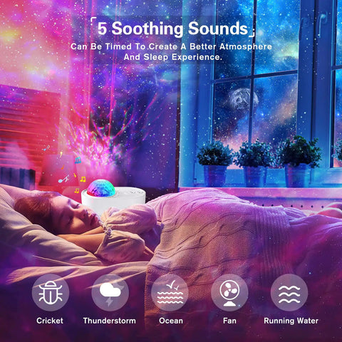 Star Projector For Bedroom 4 In 1 With Bluetooth Speaker Remote And Timer 10 Color LED Lights projecting stars on bedroom ceiling